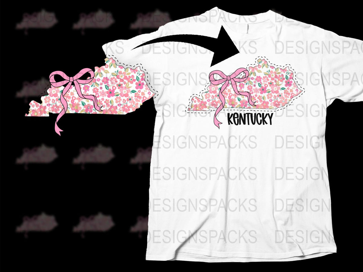Kentucky State Pride Floral Pattern T-Shirt, Pink Bow Tie, Women's Fashion Top