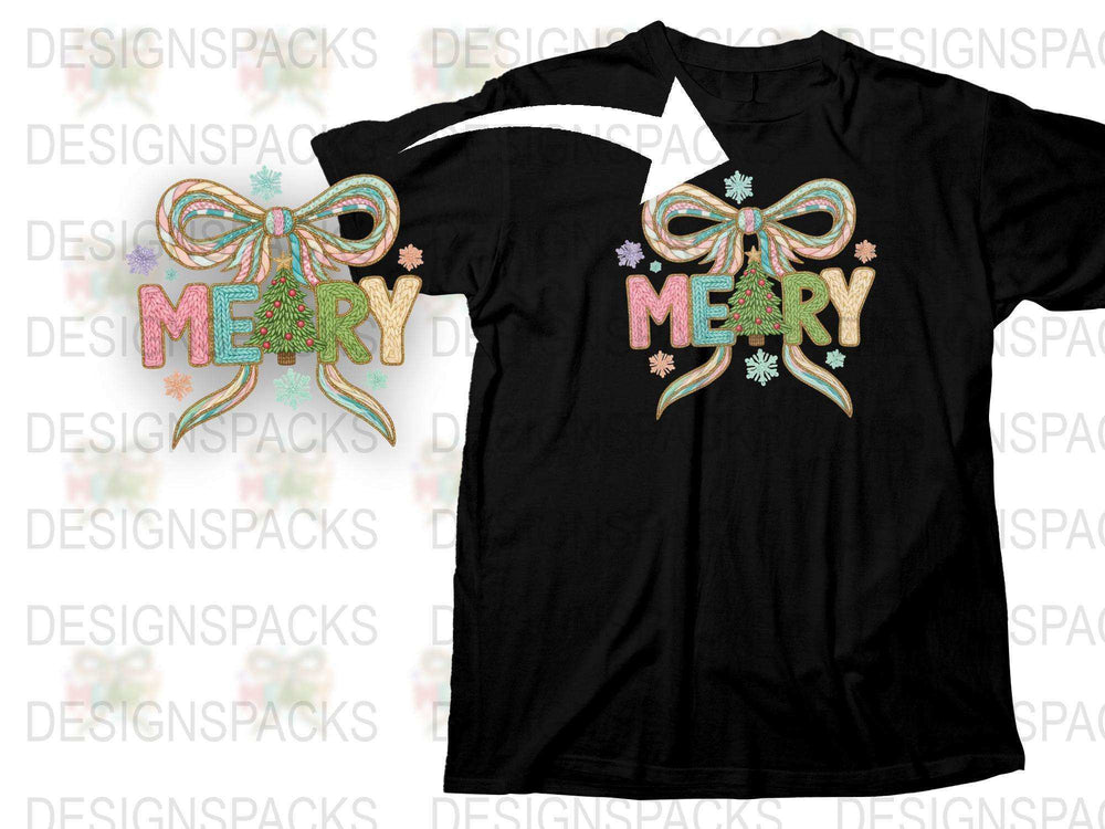 Merry Christmas T-Shirt, Festive Holiday Tee, Glitter Bow Graphic, Xmas Casual Wear, Black Shirt