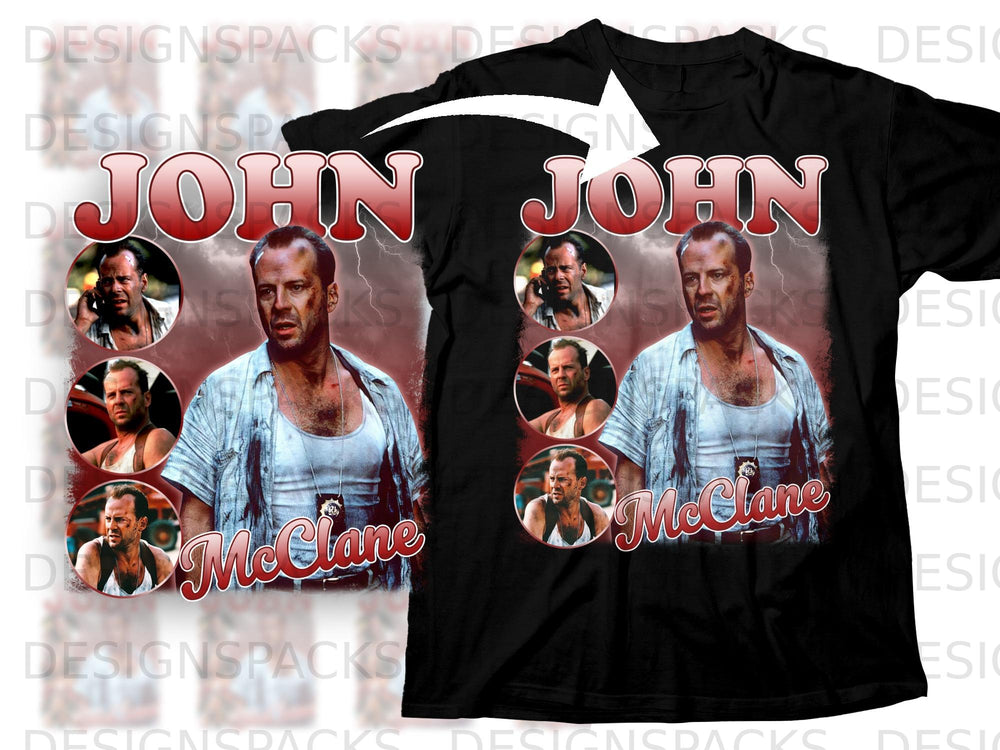 Black t-shirt with "John McClane" and multiple images of Bruce Willis.