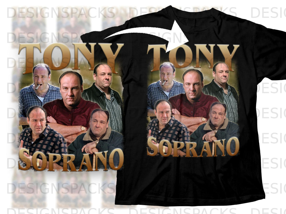 Black t-shirt featuring "Tony" and "Soprano" text with cast photos.