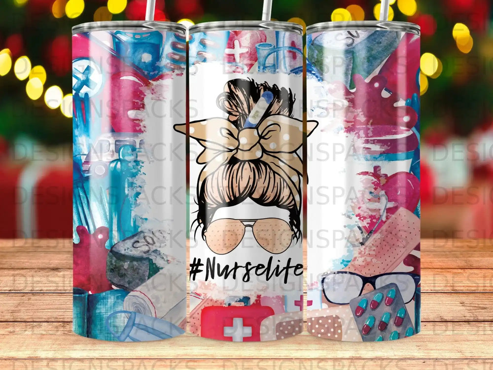 Nurse tumbler with messy bun, sunglasses, and medical icons.