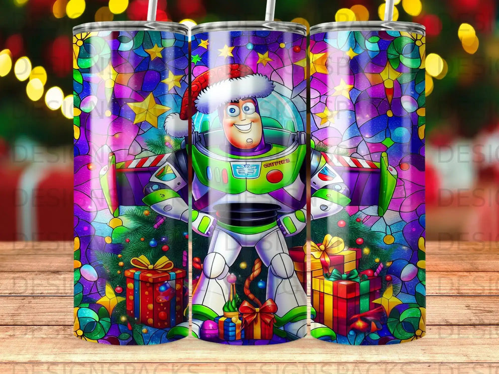 Buzz Lightyear in a Santa hat with Christmas gifts against a stained-glass background.