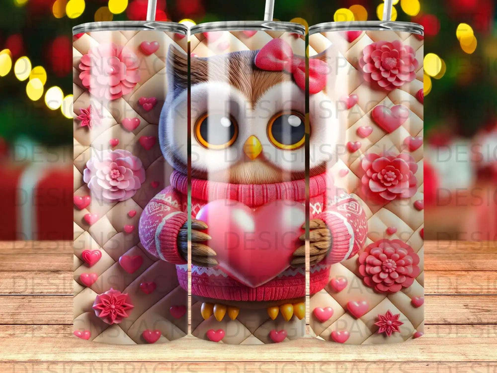 Owl wearing a pink sweater, holding a heart, with floral and heart pattern.