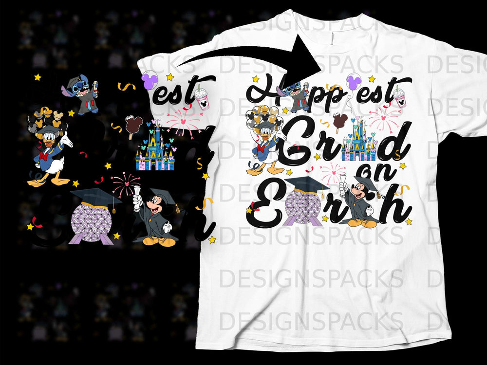 Graduation-themed Disney characters Donald, Stitch, and Mickey on a t-shirt.