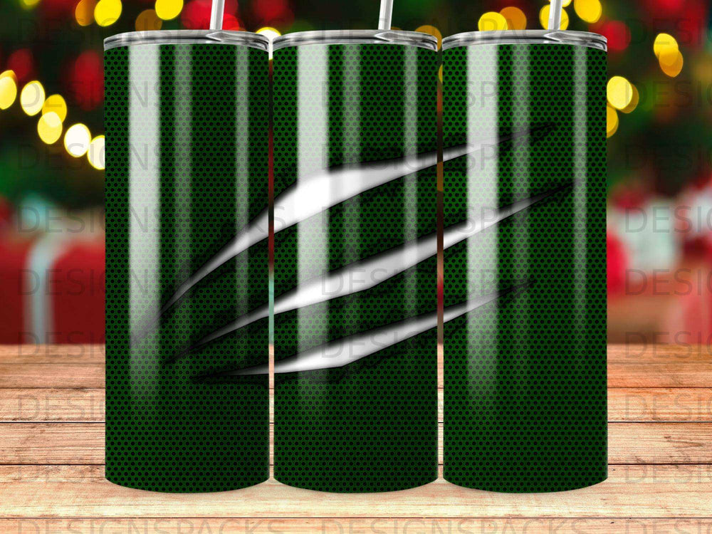 Green tumbler with white claw marks and a subtle dot pattern.