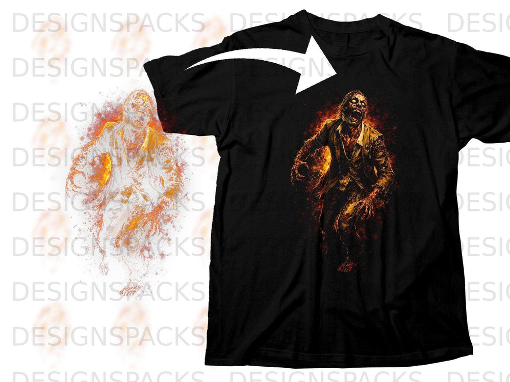 Black t-shirt featuring a distressed zombie graphic with fiery orange and yellow accents.