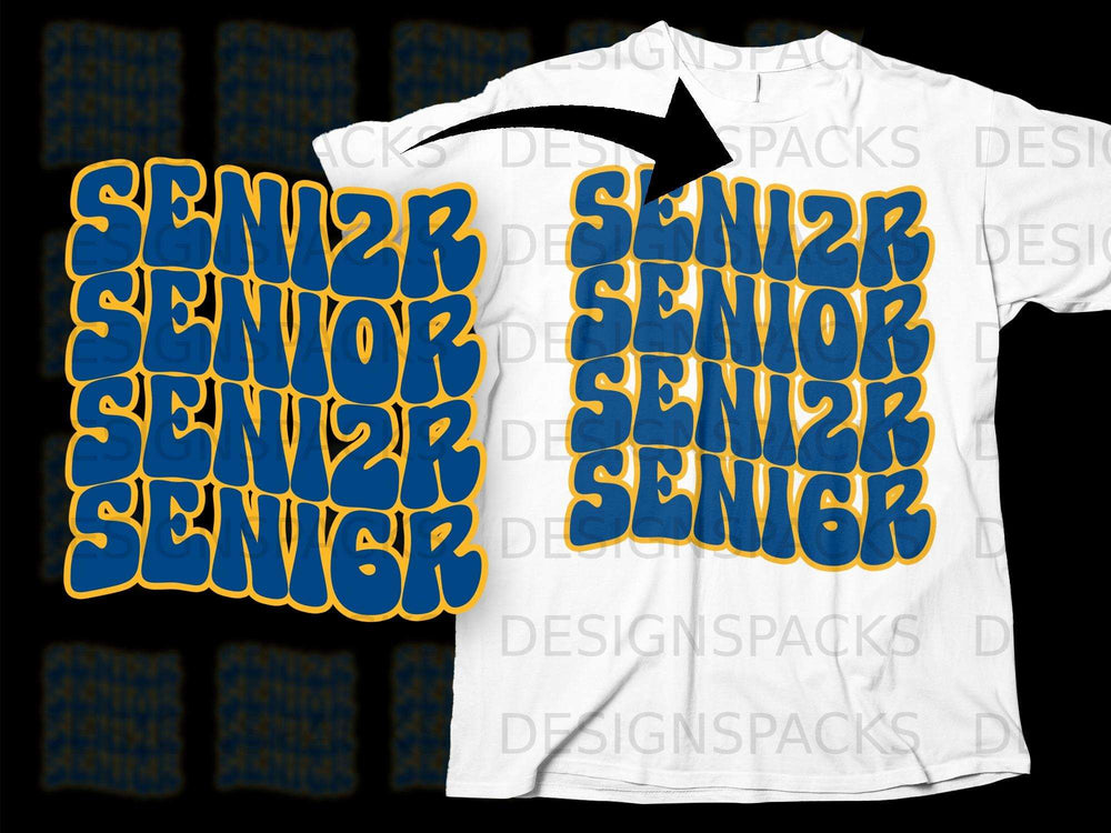 Blue and yellow "Senior" text stacked in groovy font on white t-shirt.