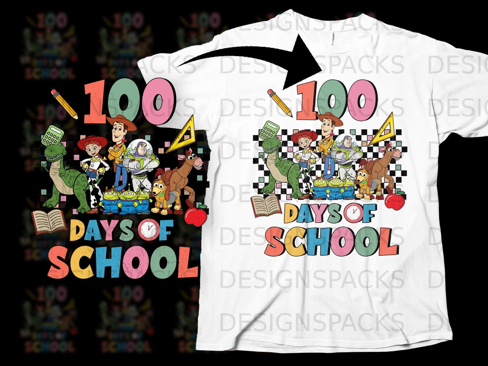 Toy Story characters celebrate 100 Days of School with school supplies and checkered background.