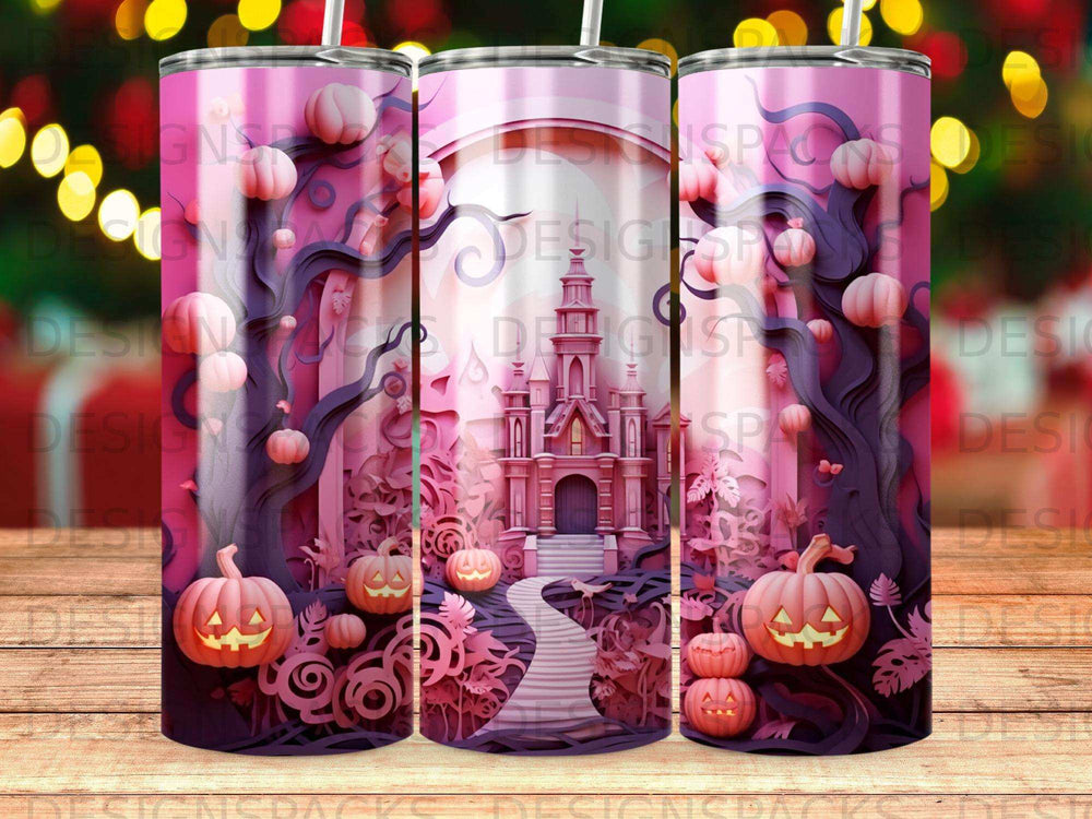 Pink castle and pumpkins on a patterned tumbler.