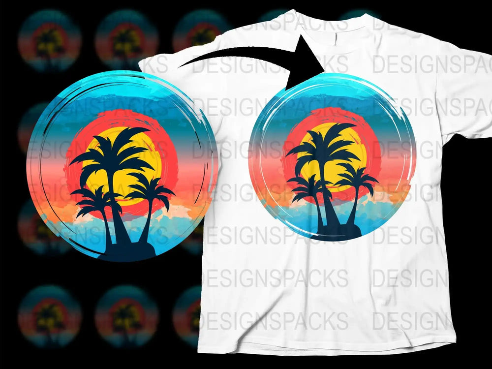 Tropical Sunset Palm Tree Design T-Shirt, Vibrant Beach Graphic Tee, Summer Casual Wear