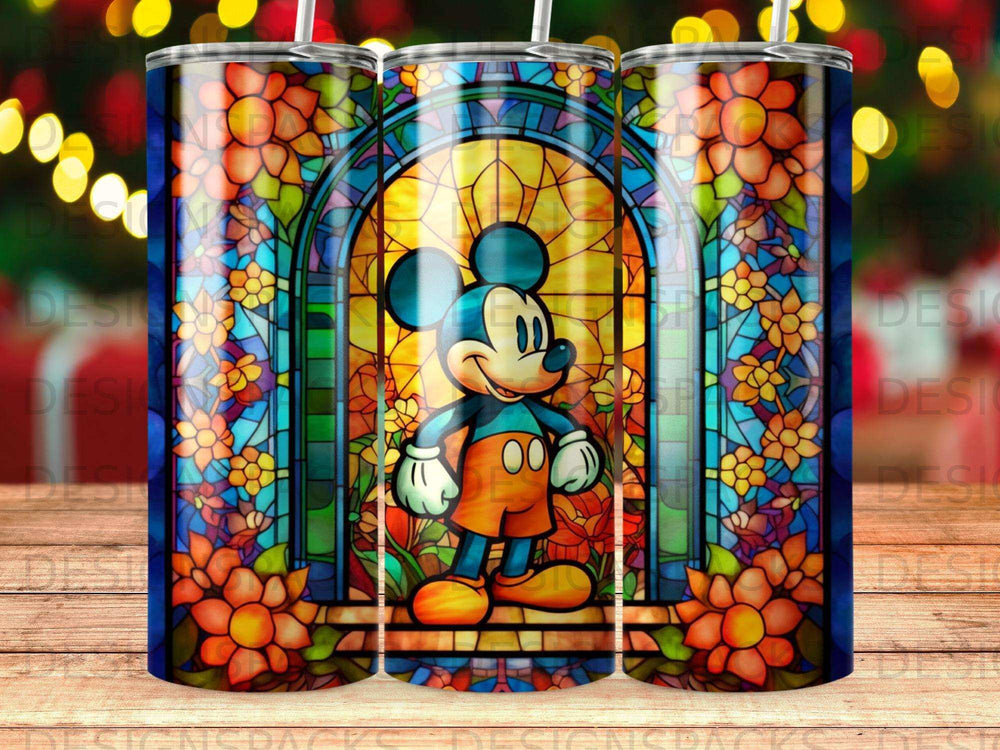 Mickey Mouse in a stained-glass window with floral accents.