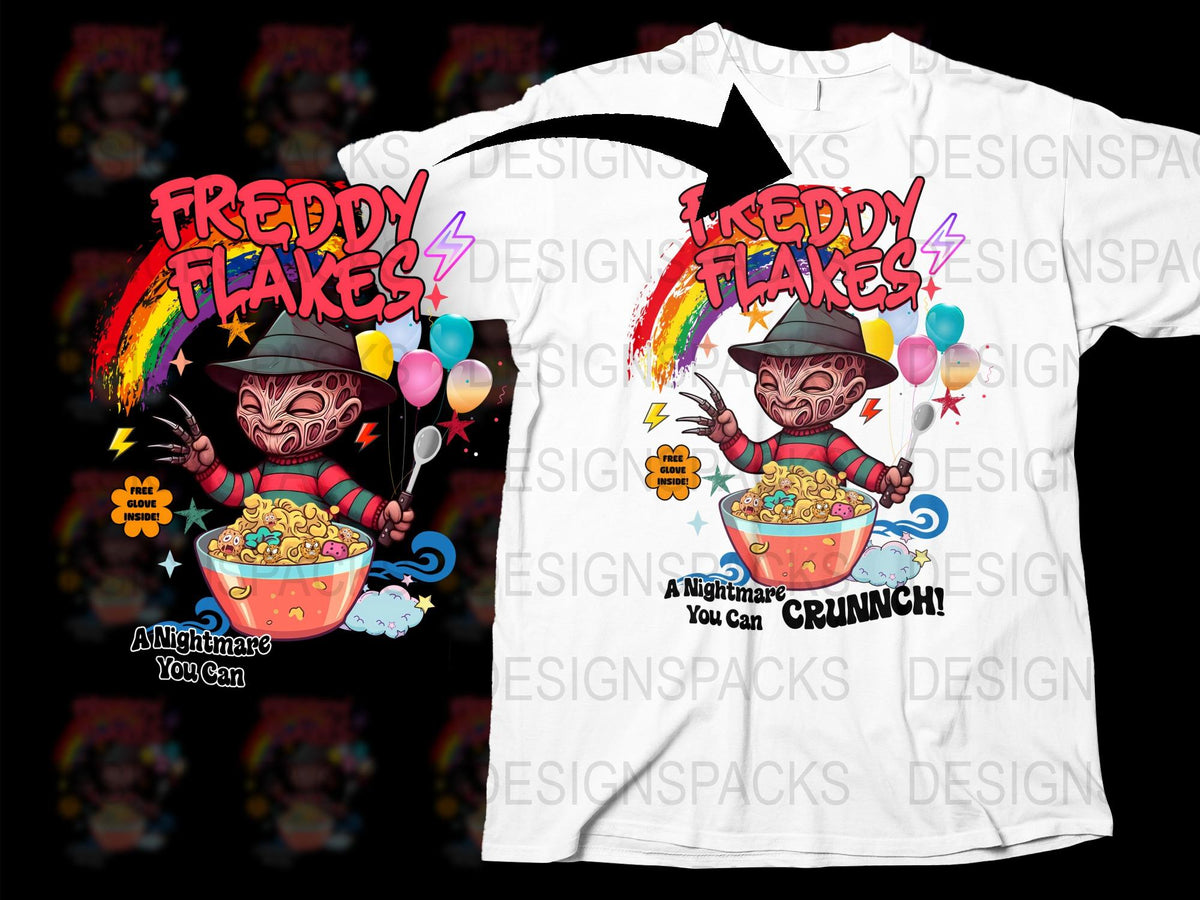 Freddy Flakes Graphic T-Shirt, Colorful Cartoon Cereal Design, Unisex White Tee, Fun Party Fashion, Kids and Adults Sizes Available