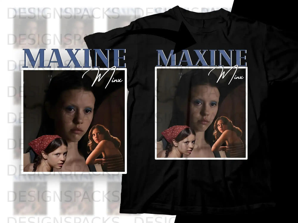 Black t-shirt with dual graphic featuring young women and the word "MAXINE MINX".