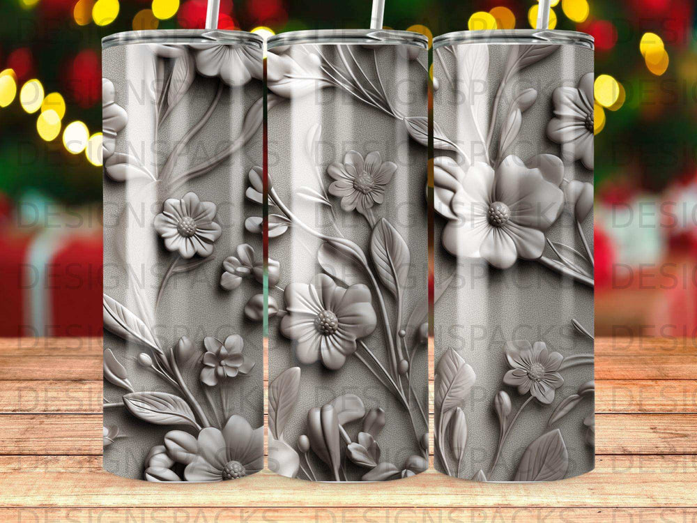 3D floral embossed tumbler with textured surface and decorative flowers.