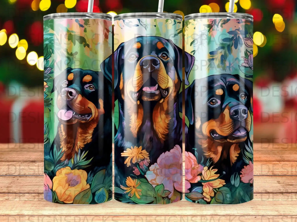 Three Rottweilers with flowers and leaves.