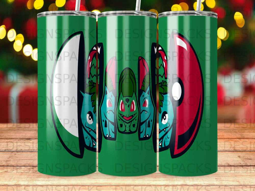 Three green tumblers with Bulbasaur and Charmander characters.