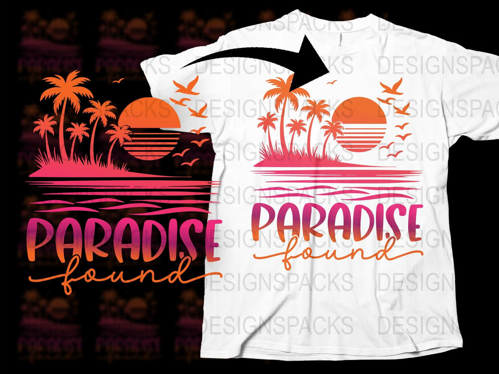Tropical Paradise Found T-Shirt, Vibrant Sunset Palm Trees Graphic Tee, Beach Inspired Fashion Top