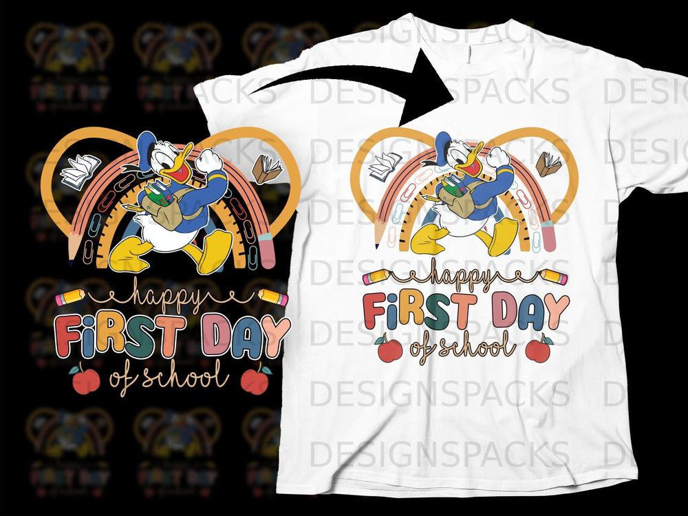 Donald Duck with backpack on rainbow, "Happy First Day of School" text.