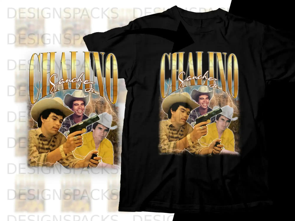 Tribute t-shirt featuring Chalino Sánchez with two guns, a cowboy hat.