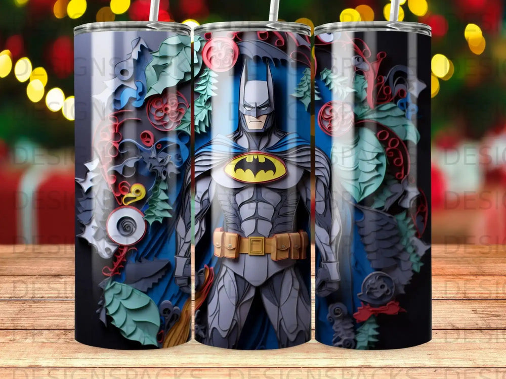 Batman standing in front of a colorful, decorative background.
