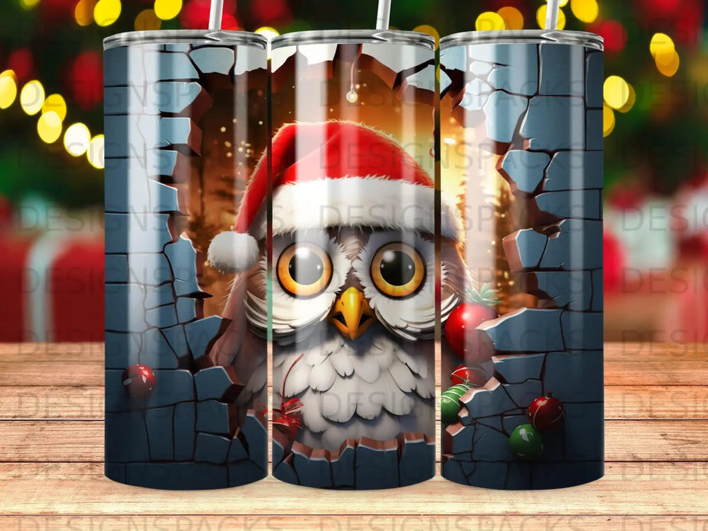 Christmas owl wearing a Santa hat peeking through a cracked wall.