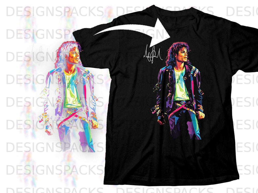 Black t-shirt with a vibrant, stylized graphic of Michael Jackson.