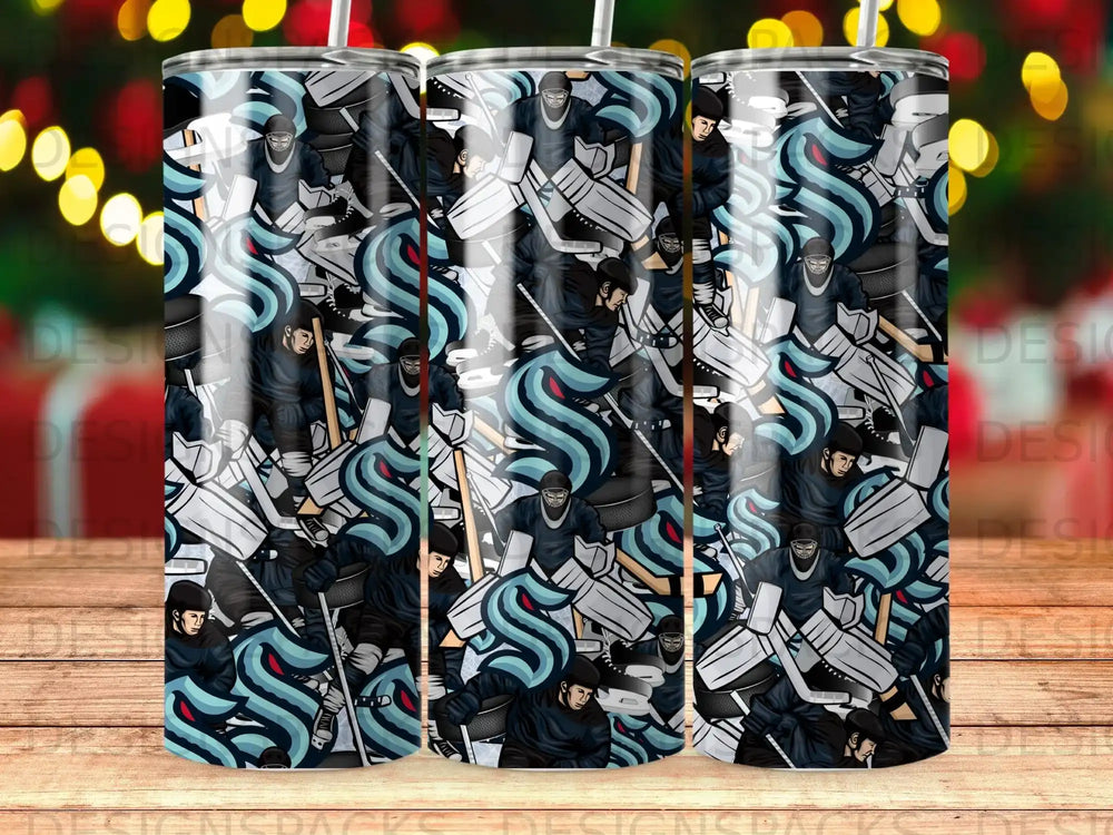 Hockey goalie gear pattern on a tumbler, repeating design.