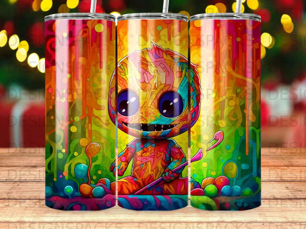 Cartoon character with big eyes and colorful body sits among candy and toys.
