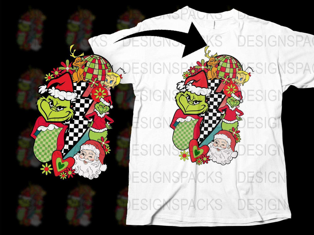 Christmas Grinch and Santa Claus Graphic T-Shirt, Festive Holiday Tee, Colorful Checkerboard Design, Unisex Adult Clothing