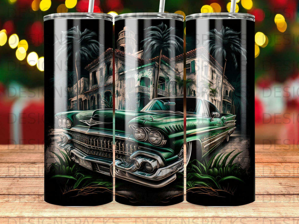 Green classic car parked in front of ornate building with palm trees.