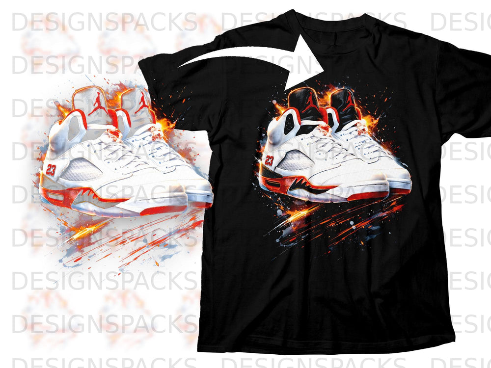 Black t-shirt featuring a graphic of white and red athletic shoes with fiery accents.