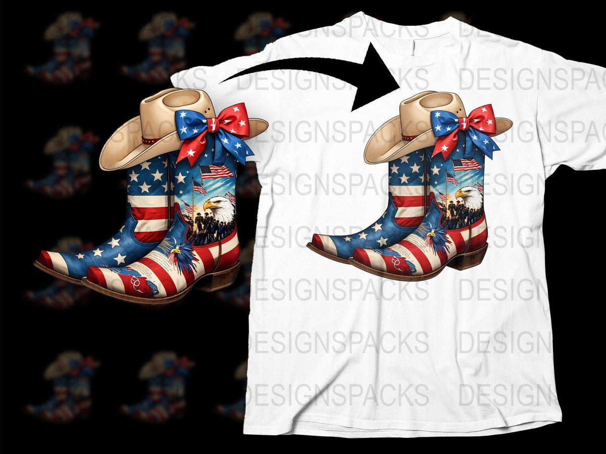 Patriotic American Flag Eagle Print T-Shirt and Matching Boots Set, 4th of July Outfit