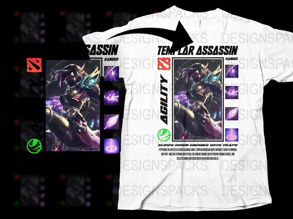 Templar Assassin Dota 2 Graphic T-Shirt, Gaming Apparel, Unisex Fantasy Tee, Purple and White Design