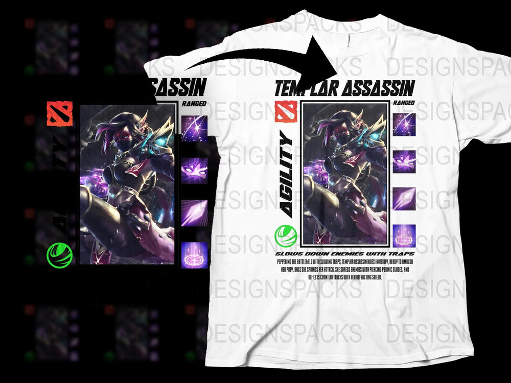Templar Assassin Dota 2 Graphic T-Shirt, Gaming Apparel, Unisex Fantasy Tee, Purple and White Design