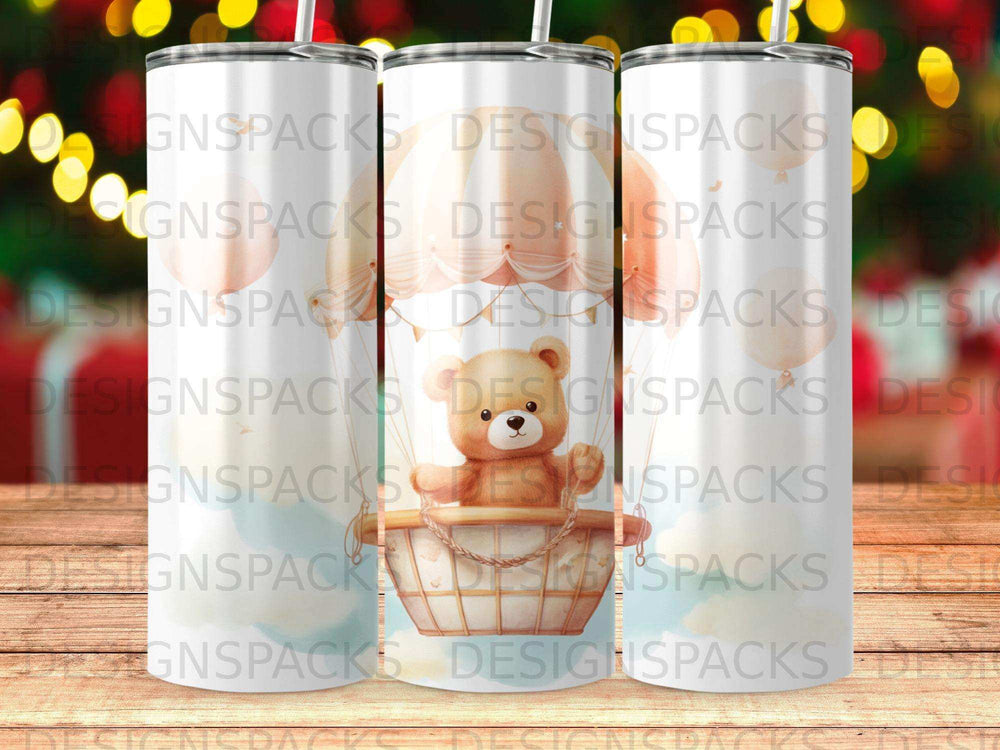 Teddy bear in basket with balloons, repeating watermark.