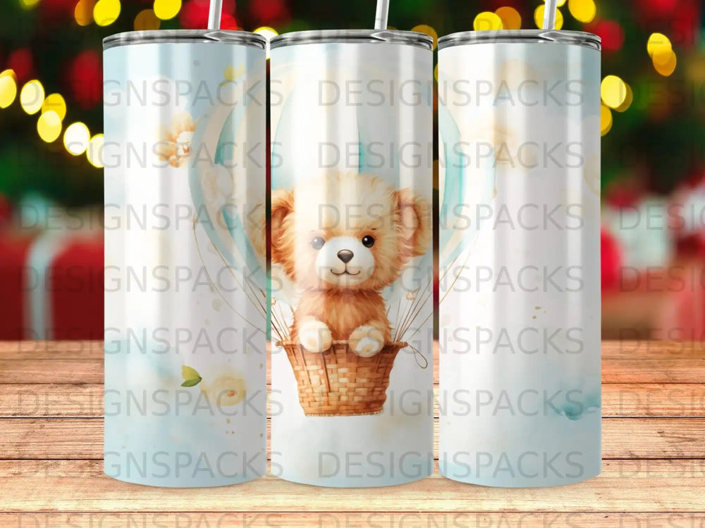 Teddy bear in hot air balloon basket with watercolor background.