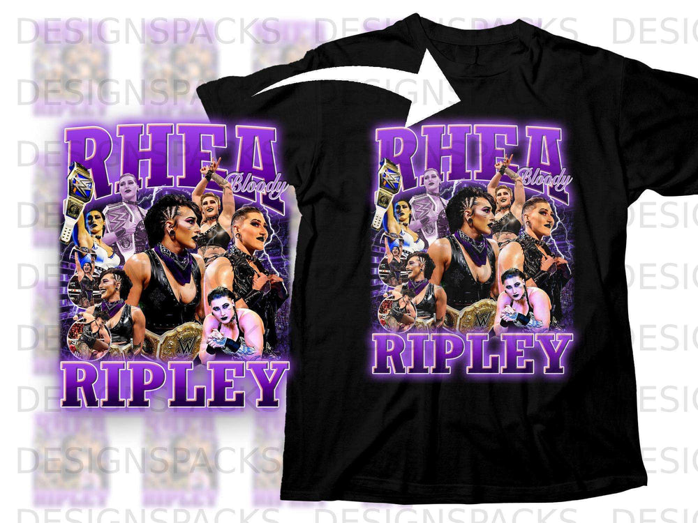 Rhea Ripley graphic tee with bold purple lettering.