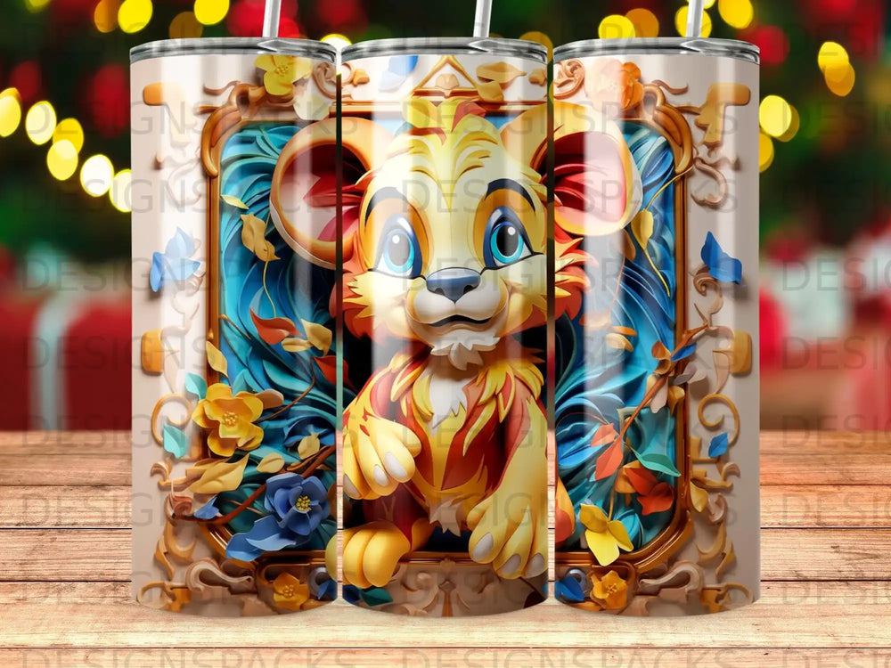 Cartoon lion cub with floral border on a patterned tumbler.