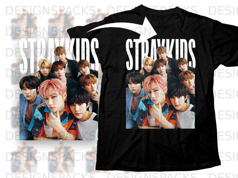 Stray Kids band members in a collage on a black t-shirt.