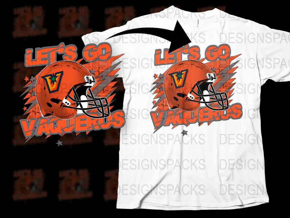 Let's Go Vaqueros Football Helmet Graphic T-Shirt, Orange Sports Fan Tee, Game Day Apparel, Unisex Adult Clothing