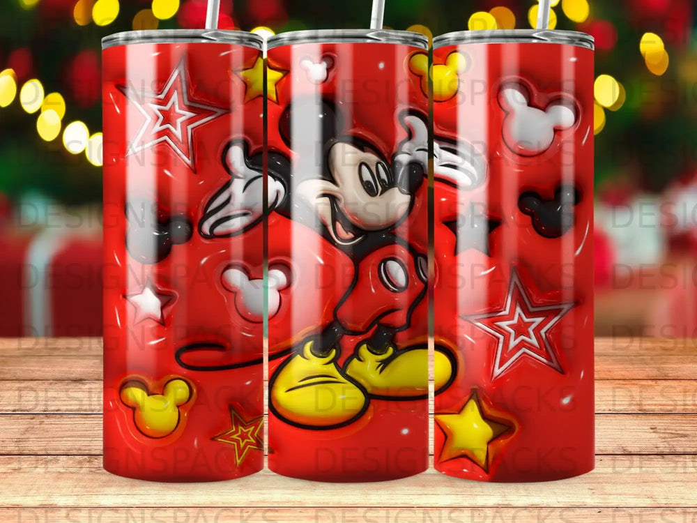 Mickey Mouse characters and stars pattern on a red tumbler.