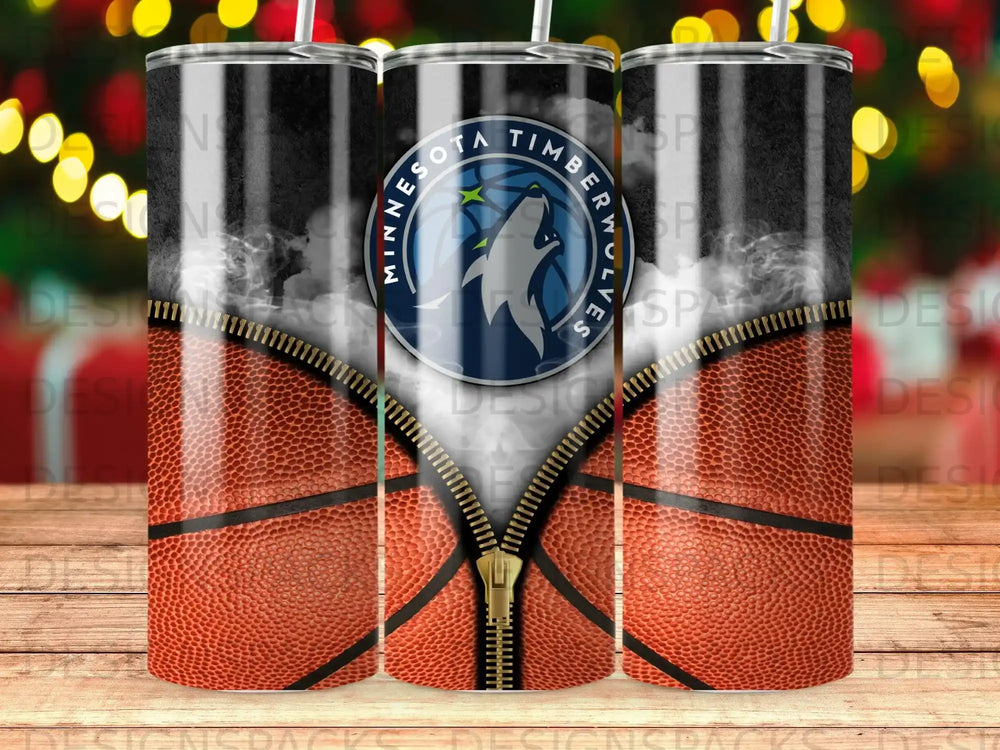 Minnesota Timberwolves logo on a basketball pattern tumbler with zipper graphic.