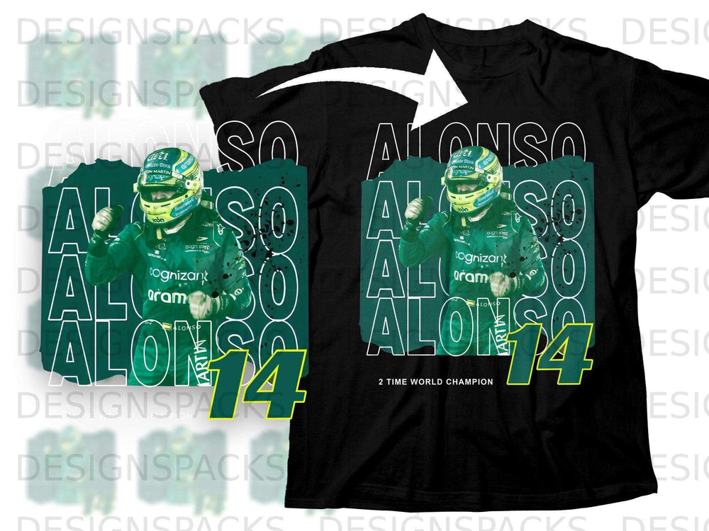 Black t-shirt with Fernando Alonso graphic and "2 Time World Champion" text.