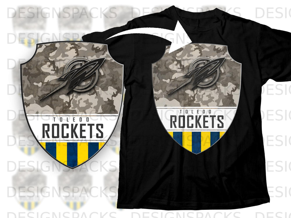 Black t-shirt with a shield logo featuring a rocket, camouflage, and "Toledo Rockets" text.