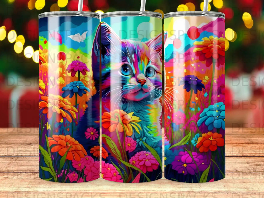 Colorful cat illustration with vibrant flowers and foliage on a tumbler.