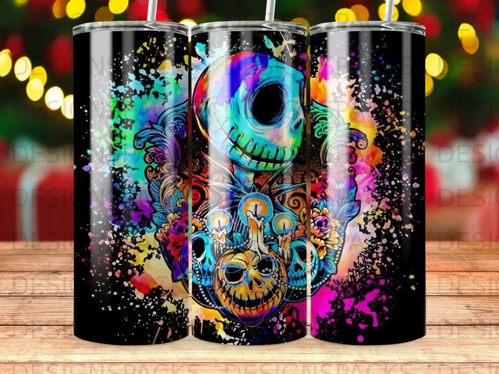 Halloween tumbler with Jack Skellington and skull designs.