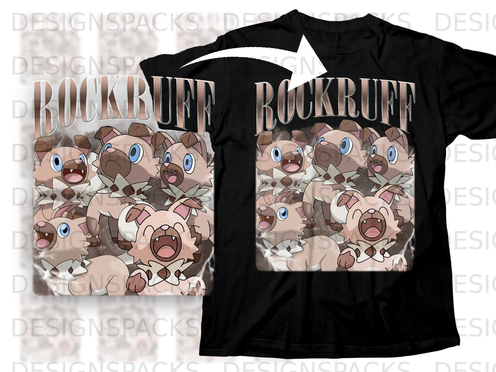 Black t-shirt with "ROCKRUFF" text and a graphic of multiple brown dogs with blue eyes.