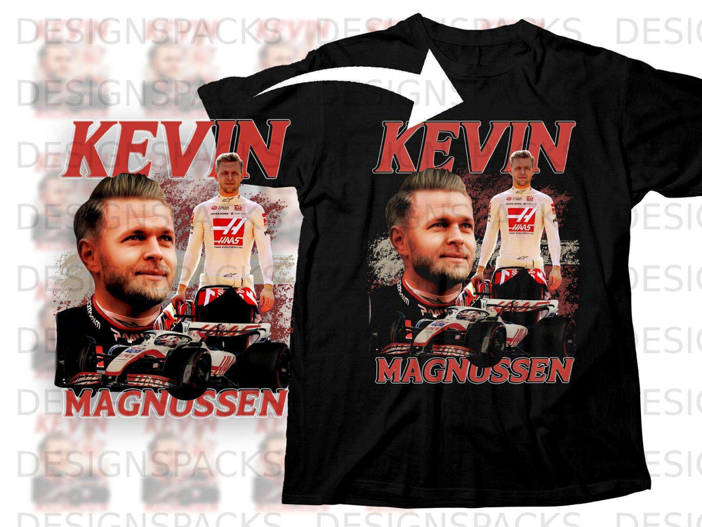 Kevin Magnussen racing car t-shirt with "Kevin Magnussen" text.