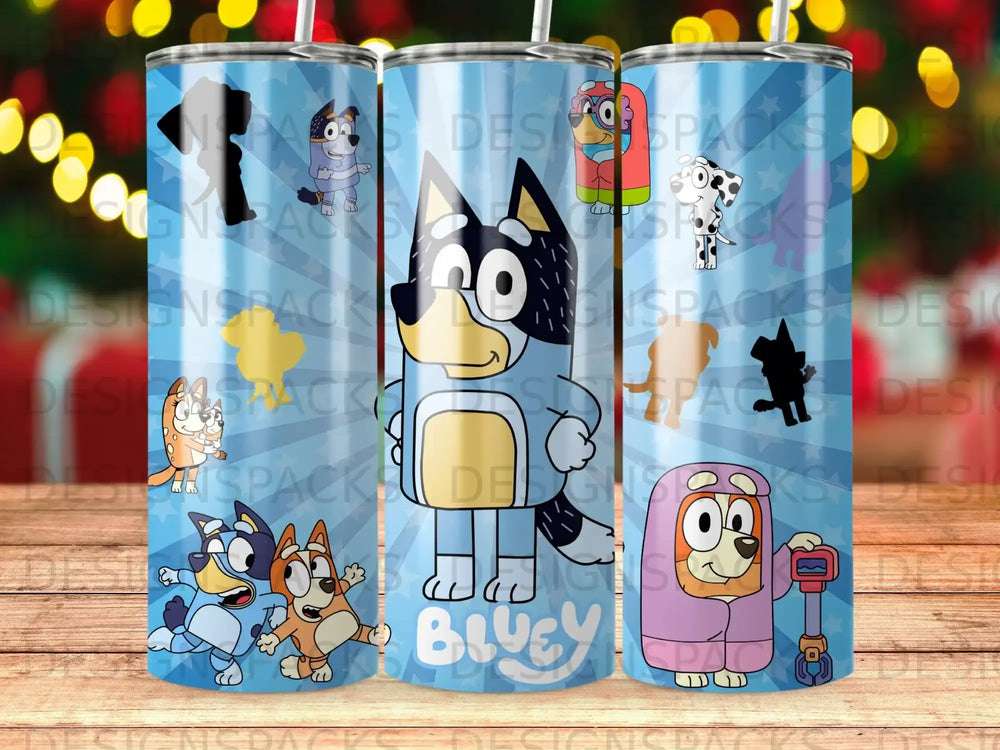 Bluey and Bingo characters on a blue tumbler with "Bluey" text.