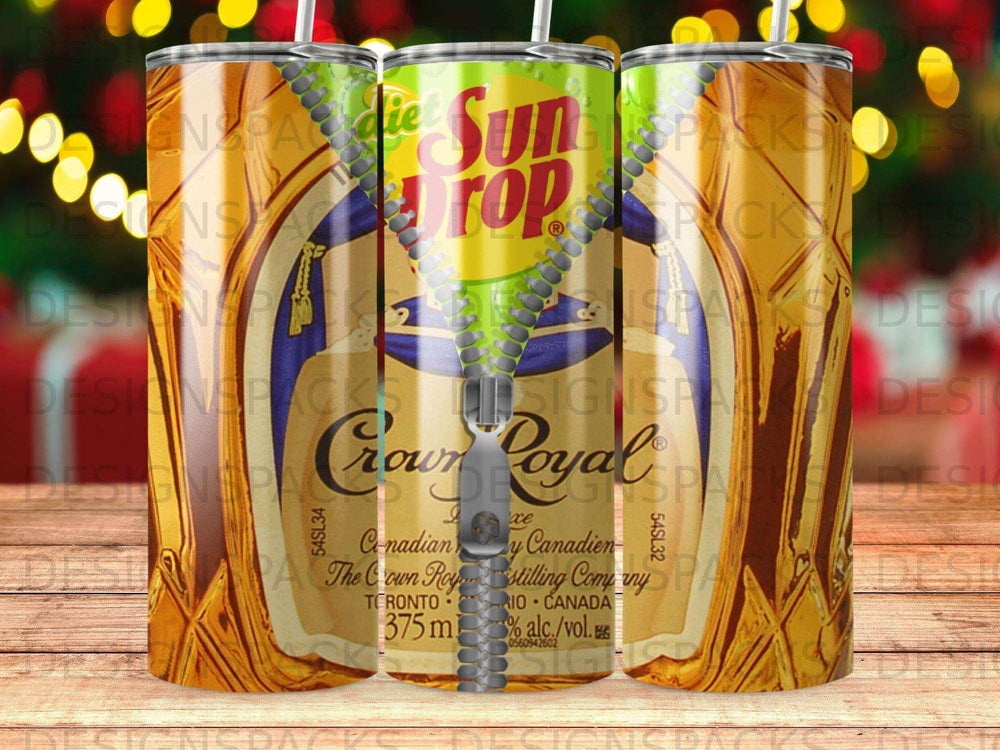 Crown Royal whiskey tumbler with Sun Drop design and bottle details.